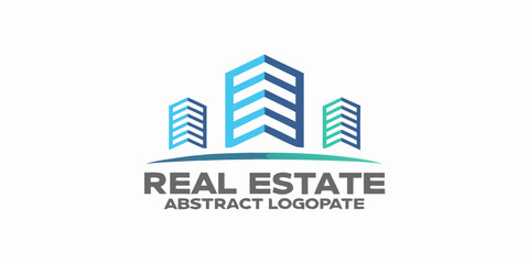 Obraz premium Abstract logo design featuring stylized buildings over a blue wave