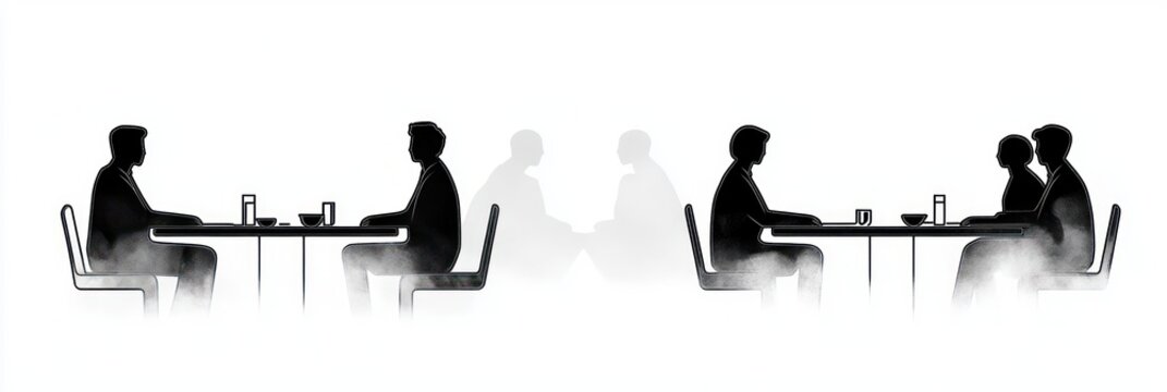 monochrome silhouettes of people seated across diner tables with cups and bowls and ghostly mirrored reflections conveying quiet, contemplative social moments