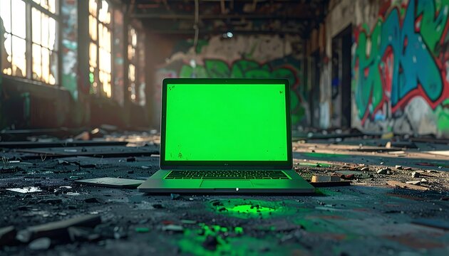 A green-screen laptop sits in a dimly lit abandoned room