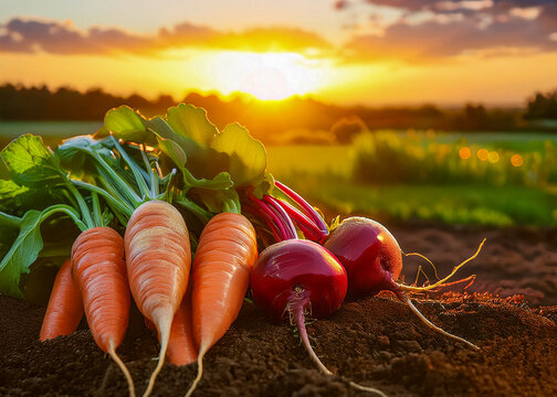 Fr&uuml;h am Morgen frisch geerntete M&ouml;hren und Radieschen