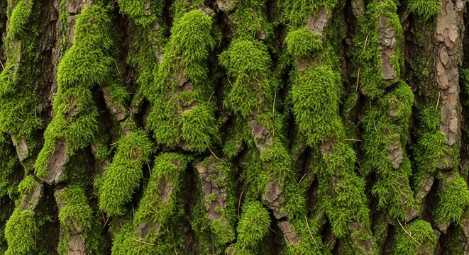 Close Up Texture of Green Moss Growing on Rough Tree Bark.