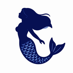 Beautiful adult female mermaid swimming alone in the ocean in a positive mood, elegant mythical creature with long hair and fish scales during the daytime, marine fantasy concept. © Gayan