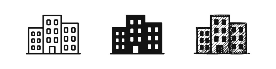 City Buildings Apartment Block Icon Set in Outline, Solid Glyph, and Hand Drawn Styles © ICONS FOR YOU