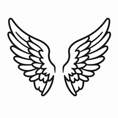 Fototapeta premium Monochrome flat vector illustration of a single pair of detailed angel wings spread wide, symmetrical pose, isolated on a white background for design and tattoo concepts