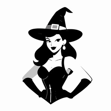 Beautiful young White woman dressed as a vintage pin-up witch for Halloween, wearing a black pointed hat and corset, smiling with a playful mood, flat vector illustration on white background.