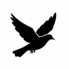Obraz premium Minimalist Black Silhouette of a Single Flying Dove with Spread Wings, Elegant Flat Vector Illustration of a Bird Soaring, Peace and Freedom Concept Isolated on White Background for Graphic Design