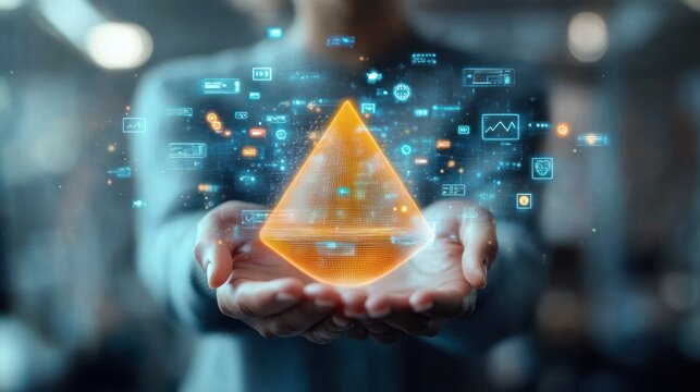 Hands cupping a glowing orange holographic pyramid surrounded by floating data icons and charts, futuristic digital visualization conveying innovation and wonder