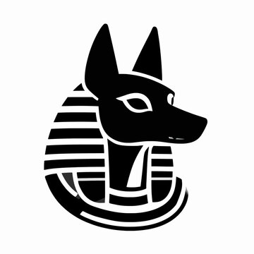 Flat vector illustration of a single Egyptian god Anubis head, minimalist line art of ancient mythology deity, black and white symmetrical canine icon isolated on white background for history concept