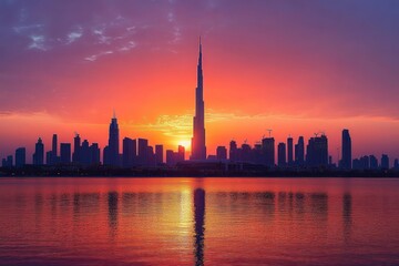 Obraz premium Dramatic sunrise over a modern city skyline with a soaring central spire reflected on calm water, vibrant orange and purple sky evoking awe and serenity