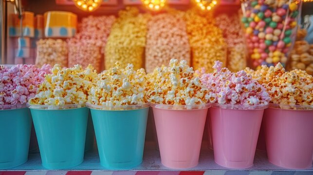 pastel blue and pink buckets overflowing with popcorn at a brightly lit carnival snack stall with colorful gumballs and popcorn piles in the background, cheerful festive mood