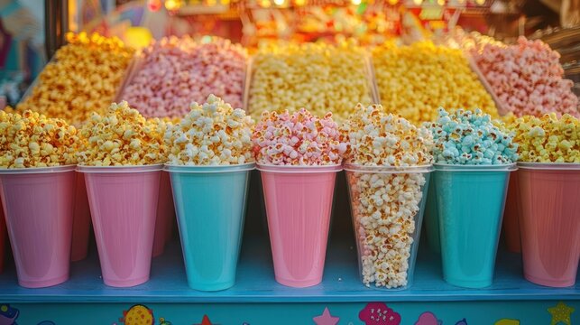 Cheerful carnival display of colorful popcorn piled high in pastel cups on a lit concession stall, playful and tempting fair snack