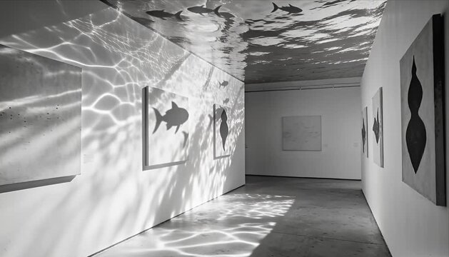 Abstract gallery interior museum hallway light reflection art fish shadow concrete floor corridor modern exhibition space underwater light pattern contemporary art installation dreamy atmosphere
