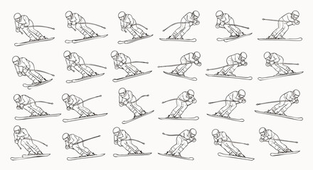 Fototapeta premium Dynamic sequence of a downhill skier in various action poses, illustrating the fluid motion and technique of winter sports, black and white line art vector illustration.