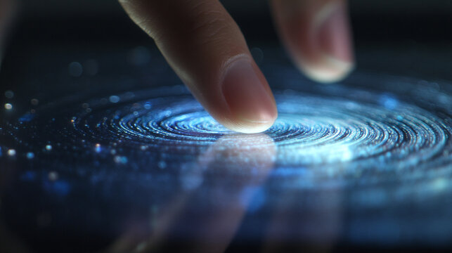 Close up of a finger touching a glowing blue digital spiral interface on a dark screen