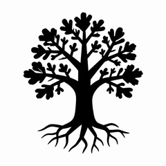 Obraz premium Symmetrical flat vector illustration of a single black oak tree with deep roots and lush leaves, minimalist nature concept, organic silhouette isolated on white background, tree of life symbol.