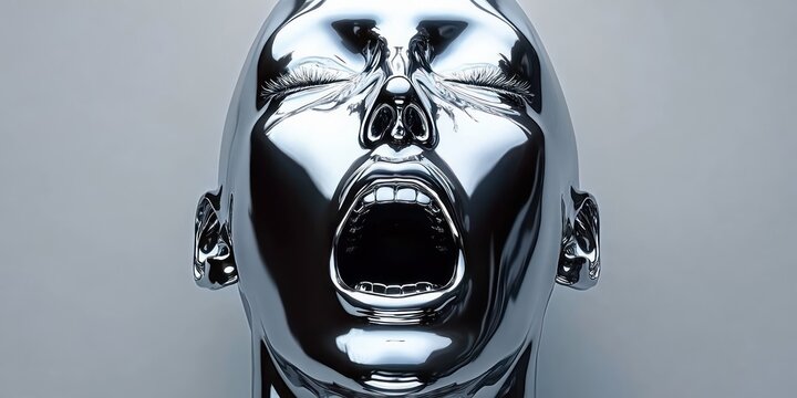 polished chrome humanoid head with long eyelashes and wide open mouth in a silent scream, glossy mirrored face on a neutral gray background conveying anguish and surreal intensity