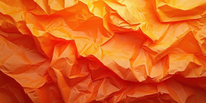 crumpled orange tissue paper with warm glowing highlights and deep textured folds, an energetic abstract surface conveying warmth and dynamic movement