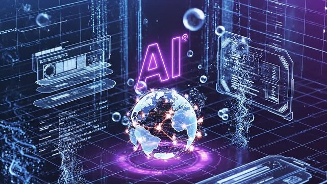 Futuristic ai logo glowing in a neon lit digital environment with floating data streams