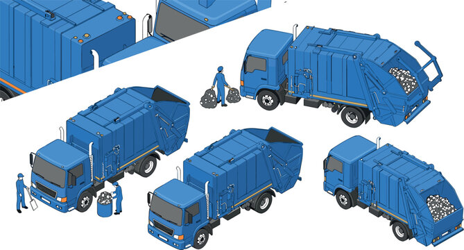 Vector Set of Blue Garbage Trucks with Side Loading Mechanism and Workers, Ideal for Waste Management, Recycling, and Environmental Services