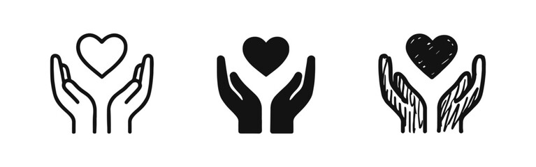 Obraz premium Hands Holding Heart Icon Set for Charity and Care in Outline, Solid, and Doodle Styles
