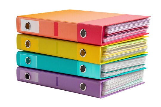 Stack of Colorful Ring Binders with Documents Isolated on Transparent Background