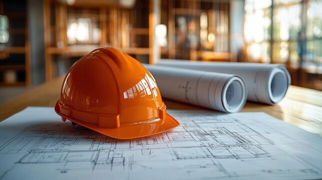 orange safety helmet resting on architectural blueprints and rolled plans on a wooden table, evoking focused planning and professional readiness