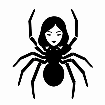 Flat Vector Illustration of a Single Mythical Arachnid Woman with a Serene Female Face and Large Spider Body, Isolated on White Background for Fantasy and Mythology Concepts