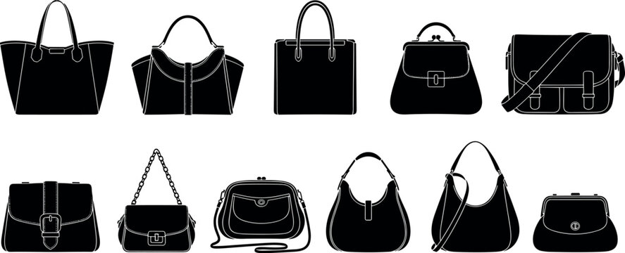 Elegant Black Silhouette Handbag Set Featuring Various Styles Including Tote, Satchel, Messenger, and Evening Bags for Women&rsquo;s Fashion and Accessories