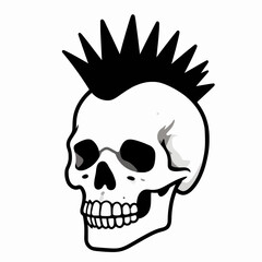 Fototapeta premium Edgy flat vector illustration of a single punk human skull with a bold black mohawk, minimalist underground aesthetic icon for subculture design, isolated on white background, rebellious concept