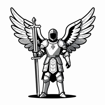 Stoic White Male Celestial Archangel Warrior in Ornate Silver Armor Holding Broadsword, Divine Guardian with Large Wings Isolated on White, Fantasy Concept Art for Protection and Faith