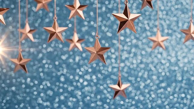 Golden stars hanging against a sparkling blue background, creating a festive and elegant scene