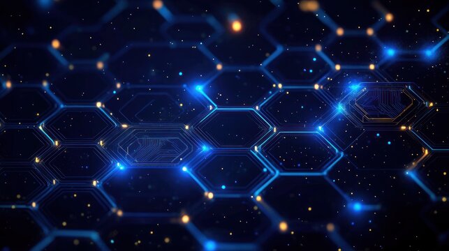 glowing blue hexagonal grid with circuitry, illuminated nodes and golden particles on a dark background conveying a futuristic, dynamic digital network mood