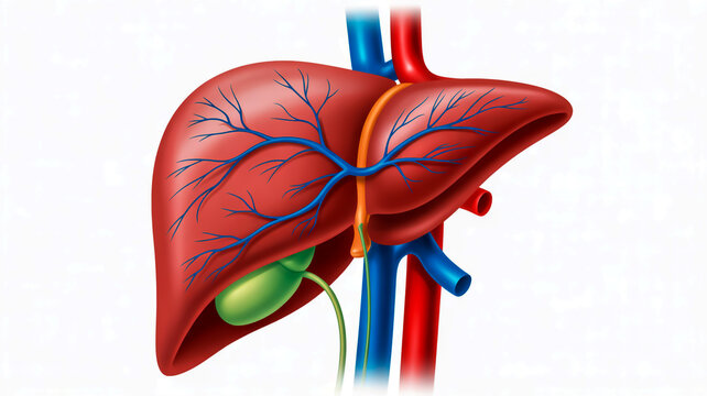 Detailed medical illustration shows human liver anatomy with veins and connected gallbladder