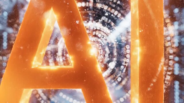 Glowing ai logo animation with futuristic digital background and orange neon lighting effects
