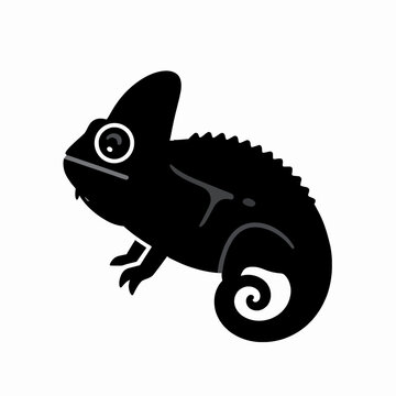 Minimalist Black Silhouette of a Single Chameleon, Flat Vector Illustration of a Tropical Reptile with a Curled Tail, Modern Exotic Animal Icon Isolated on White Background for Graphic Design