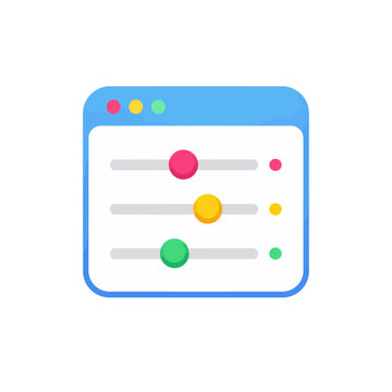 Modern flat design icon depicting a browser window with colorful horizontal sliders for adjusting settings, options, or customization preferences in a digital application