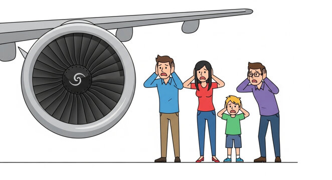 Family covering ears from loud airplane engine noise.