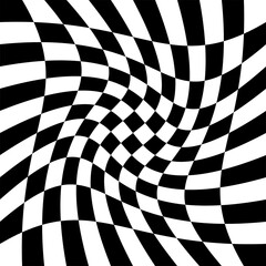 Obraz premium A bold black and white wavy distorted checkerboard pattern with an optical illusion effect, ideal for modern wallpaper, fashion textiles, branding, and abstract background use.