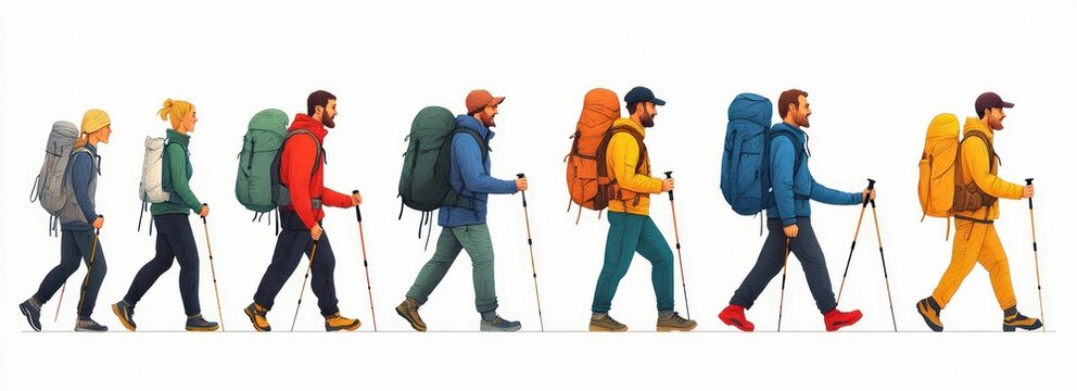 Eight hikers with large backpacks and trekking poles walking in single file, colorful jackets and determined adventurous expressions
