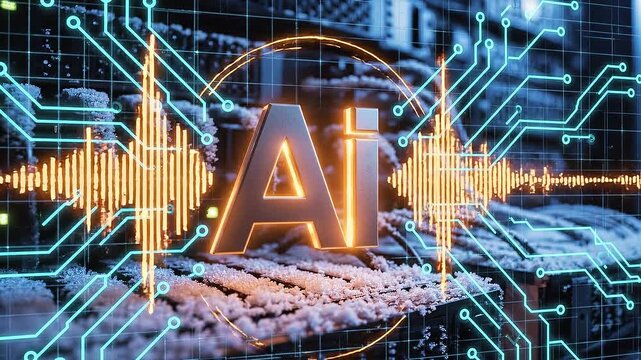 Pulsing ai logo with glowing circuitry lines over a high tech server room data center background