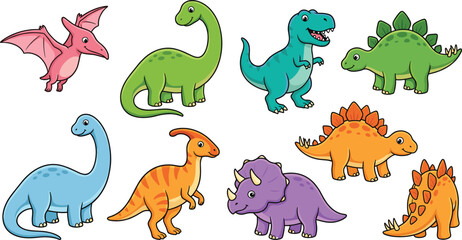 Cartoon Dinosaur Vector Set with Brontosaurus, T-Rex, Triceratops, Pterodactyl, and Stegosaurus for Kids, Animals, and Prehistoric Themes © Sabbir Studio