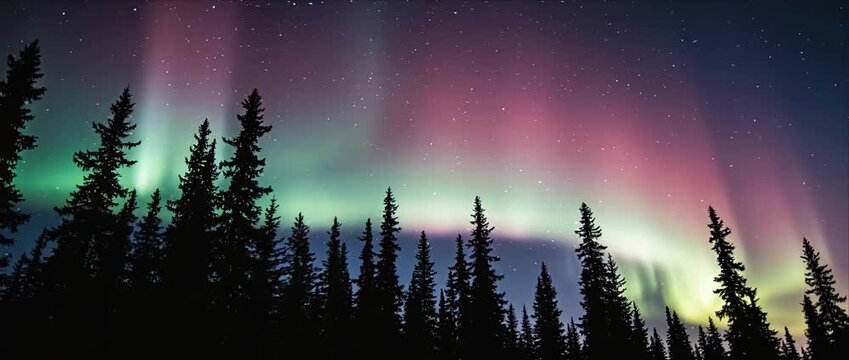 Night sky aurora northern light over forest silhouette and pine tree star landscape colorful nature wilderness horizon sky twilight dusk scenic tranquil calm peaceful panorama wide magic arctic