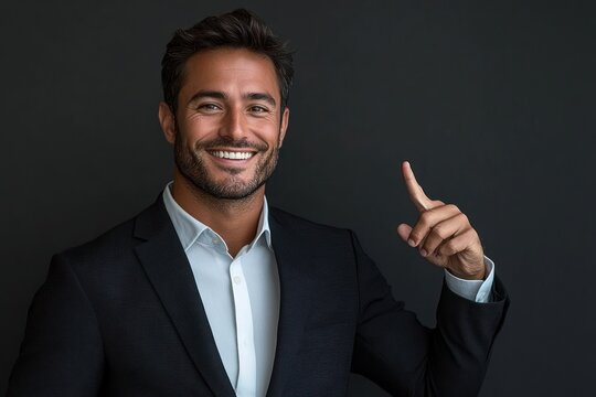 man in dark suit and white shirt pointing upward with raised index finger in a confident assertive gesture against a dark background