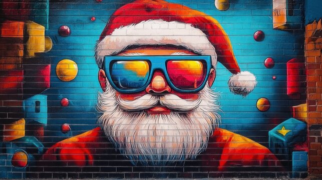 vibrant brick wall mural of a festive bearded figure in a red hat and coat surrounded by colorful floating geometric ornaments, whimsical and cheerful