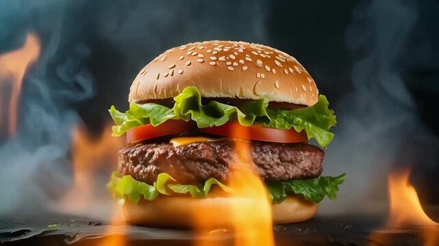 Flaming Hot Gourmet Beef Burger with Lettuce and Tomato