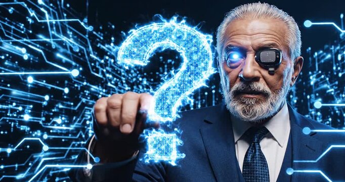 Elderly man in a suit with a cybernetic eye points at a glowing question mark amidst digital circuitry