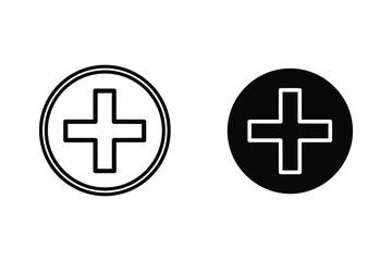 Fototapeta premium Medical cross symbol in circle, outline and solid black design, vector illustration