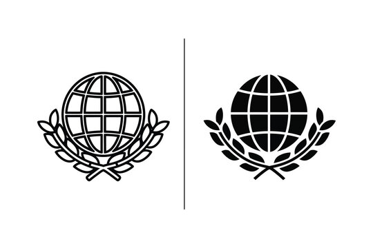 Black and white globe with laurel wreath symbols, isolated on white background, flat design vector illustration