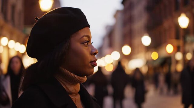 Beautiful young black woman in a stylish beret walking through a city street at night with bokeh lights.