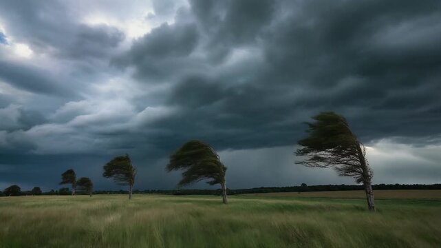 Dramatic Storm Clouds and Trees Bending in Strong Wind